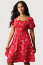 Red Spot Floral Puff Sleeve Tea Dress