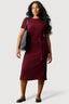 Wine Textured Short Sleeve Belted Dress