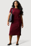 Wine Textured Short Sleeve Belted Dress