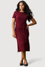 Wine Textured Short Sleeve Belted Dress