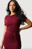 Wine Textured Short Sleeve Belted Dress