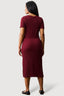Wine Textured Short Sleeve Belted Dress
