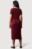 Wine Textured Short Sleeve Belted Dress