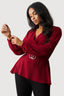 Wine Crepe Buckle Long Sleeve Blouse