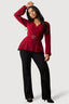 Wine Crepe Buckle Long Sleeve Blouse