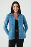 Woman wearing a blue denim jacket on a white background