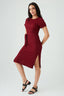 Wine Textured Short Sleeve Belted Dress
