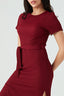 Wine Textured Short Sleeve Belted Dress