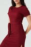 Wine Textured Short Sleeve Belted Dress