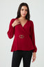 Wine Crepe Buckle Long Sleeve Blouse