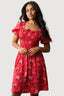 Red Spot Floral Puff Sleeve Tea Dress