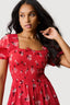 Red Spot Floral Puff Sleeve Tea Dress