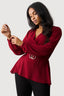 Wine Crepe Buckle Long Sleeve Blouse