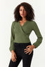 Khaki Shirred Waist Wrap Front Blouse