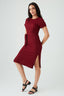 Wine Textured Short Sleeve Belted Dress