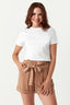 Camel Paperbag Crepe Belted Shorts - Select Fashion