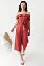 Dark Coral Crepe Bardot Belted Jumpsuit - Select Fashion